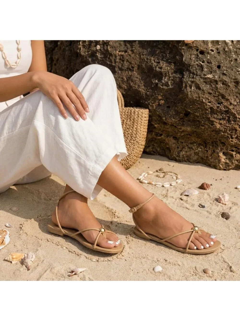 Comfortable Strappy Flat Sandals for Women - Open Toe Ankle Strap Summer Shoes